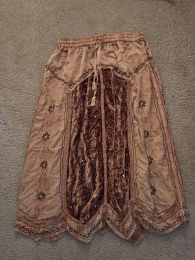 Embellished Velvet Panel Midi Skirt in Burnt Orange